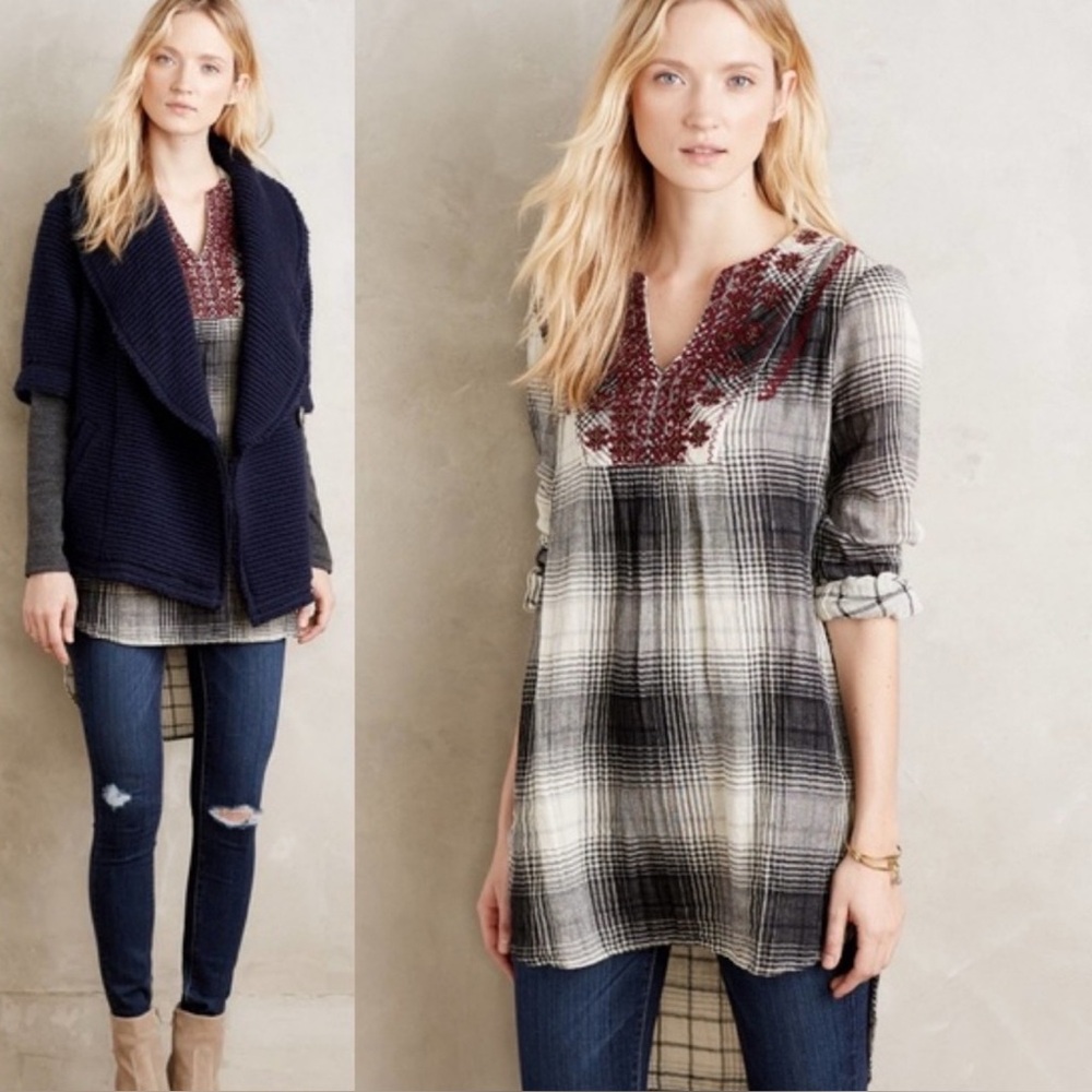 Floreat Anthropologie Tartan Plaid Embroidered Tunic Size Extra Small